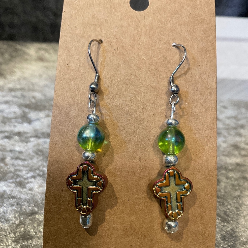 Green Glass Bead and Cross Dangle Pierced Earrings